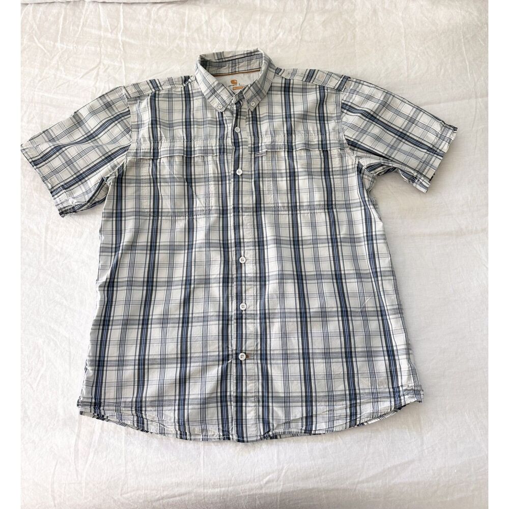 Carhartt Plaid Shirt Mens L Blue White Relaxed Fit Short Sleeve Vented Utility